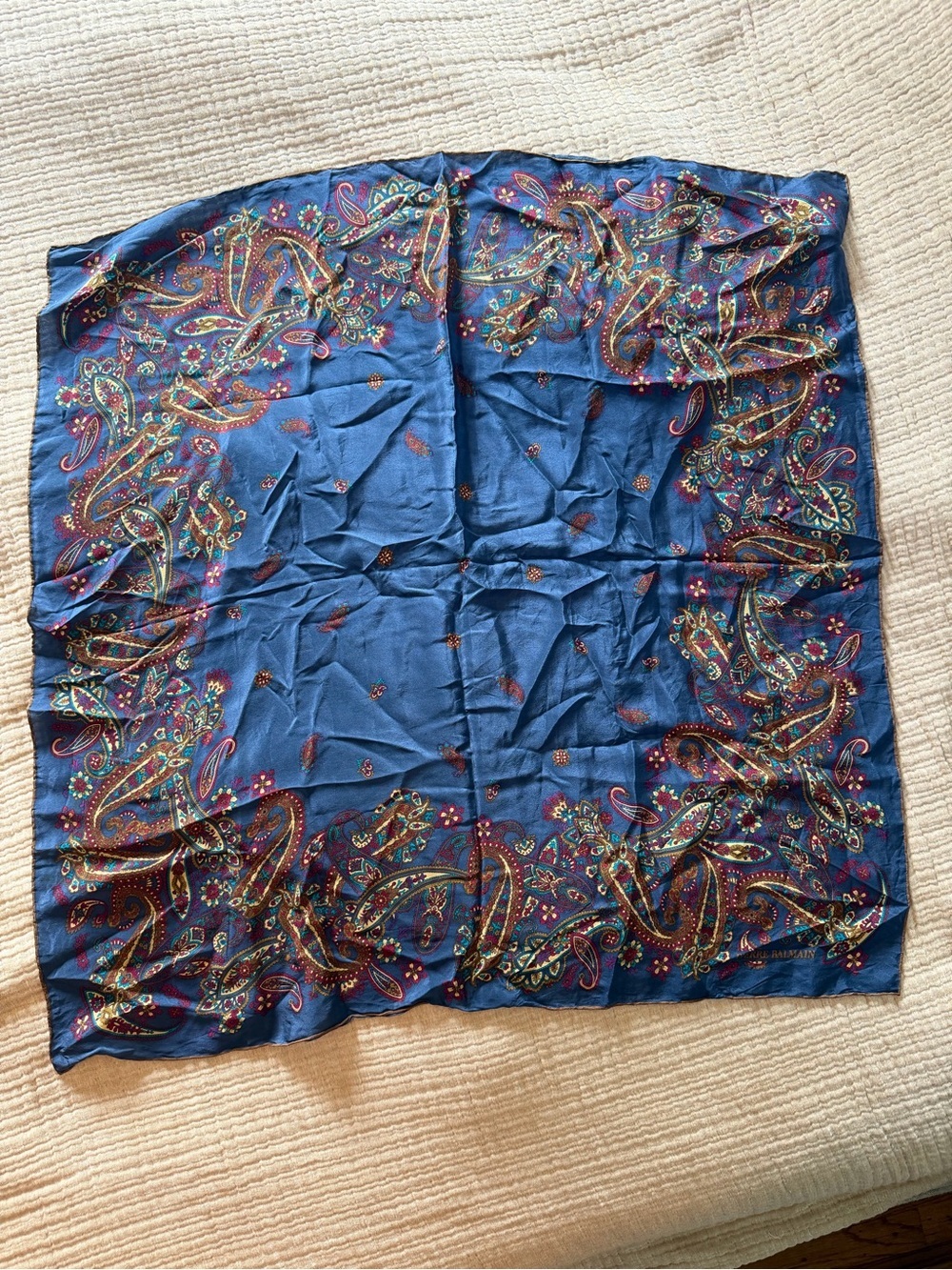 BALMAIN Vintage Navy Paisley Silk-Blend Scarf with Gold & Teal Accents, 30x30